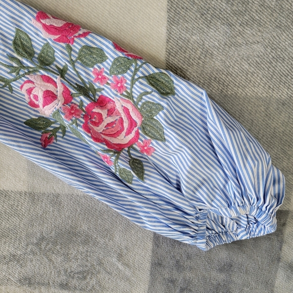 INC International Concepts Blue Striped Pink Floral Balloon Sleeve Blouse Medium - Picture 7 of 12